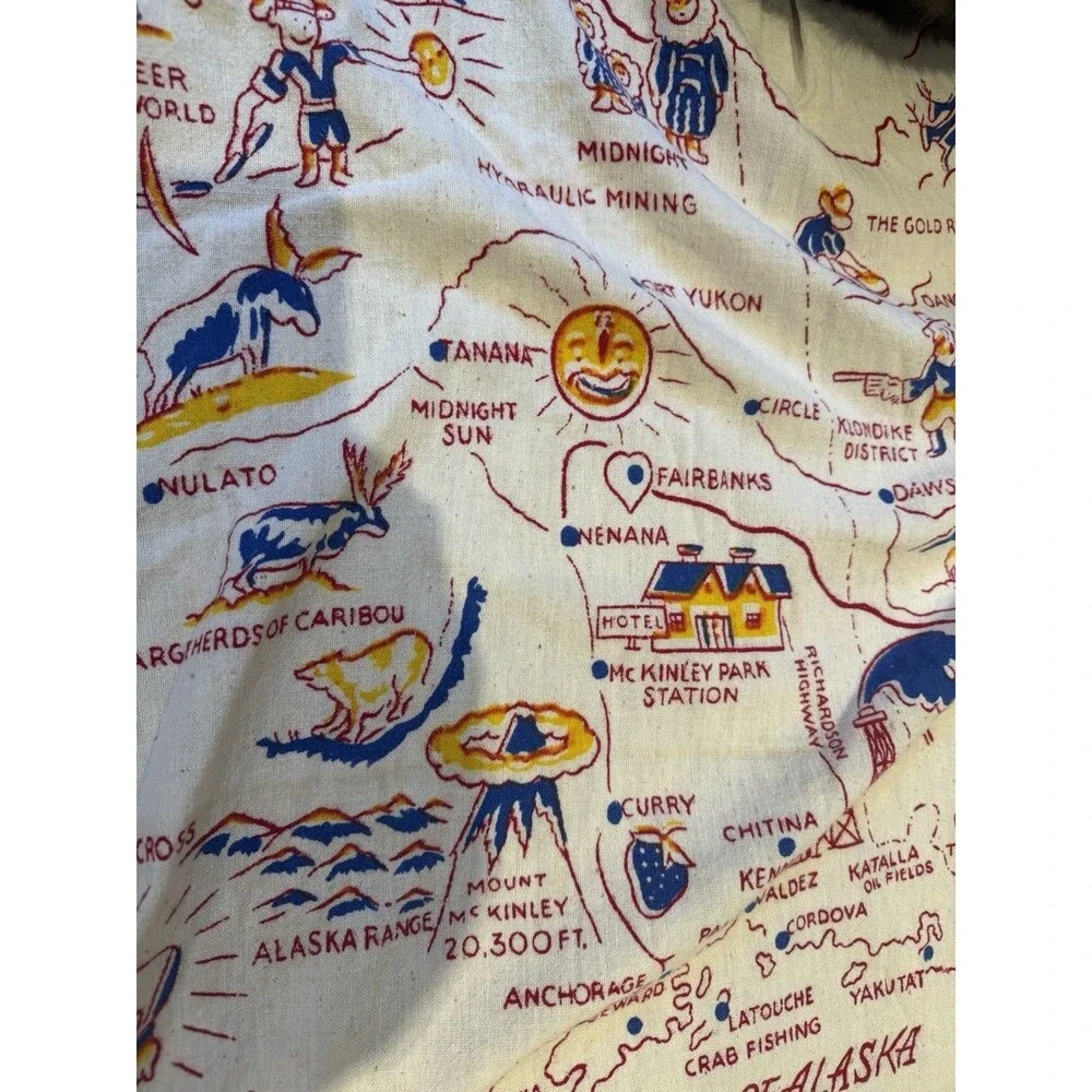 VTG Majestic Alaska Map Souvenir Linen Tablecloth Handkerchief LARGE 44x49 60s
